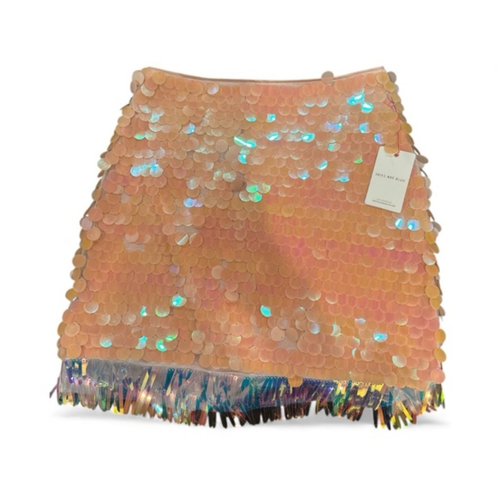 Skies Are Blue Sequin Mini Skirt XS – Iridescent Fringe Hem Party Statement - Picture 2 of 3